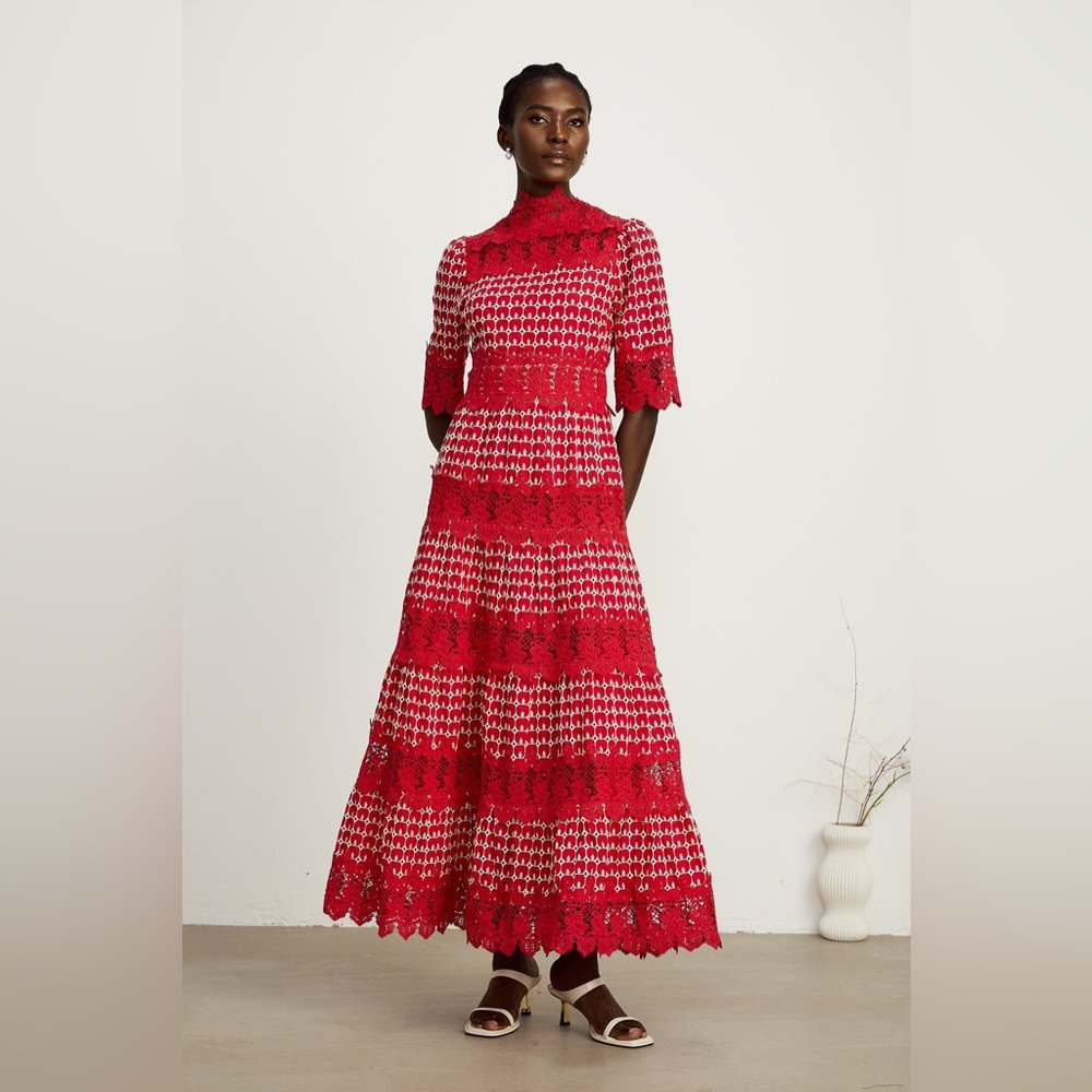 NEW Miss Rosier Chantal Scallop-Pattern Lace-Panel Long Maxi Dress Medium $183